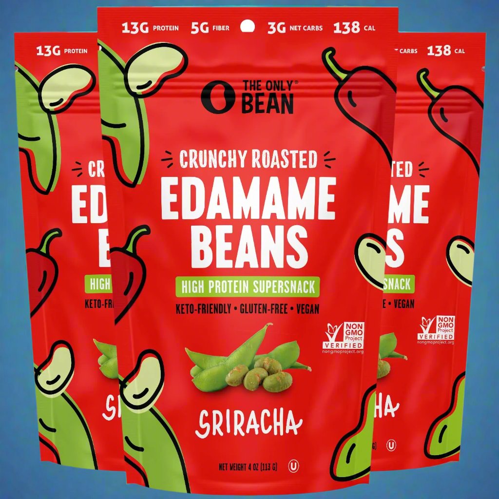 Crunchy Roasted Edamame Snack (Sriracha), High Protein Snacks (13G) Healthy Protein Chips, Keto Friendly Food (2G Net), Plant-Based Vegan Snacks, Office Snacks, Spicy Snack, 4Oz (3 Pack)
