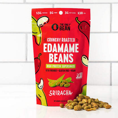 Crunchy Roasted Edamame Snack (Sriracha), High Protein Snacks (13G) Healthy Protein Chips, Keto Friendly Food (2G Net), Plant-Based Vegan Snacks, Office Snacks, Spicy Snack, 4Oz (3 Pack)