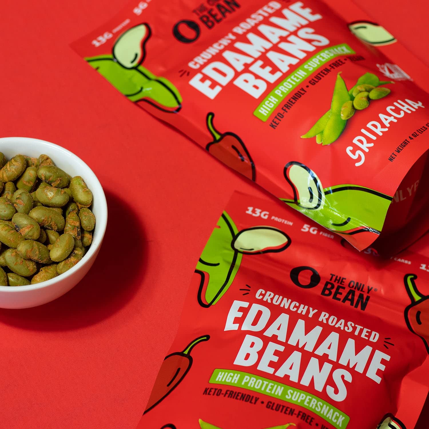 Crunchy Roasted Edamame Snack (Sriracha), High Protein Snacks (13G) Healthy Protein Chips, Keto Friendly Food (2G Net), Plant-Based Vegan Snacks, Office Snacks, Spicy Snack, 4Oz (3 Pack)